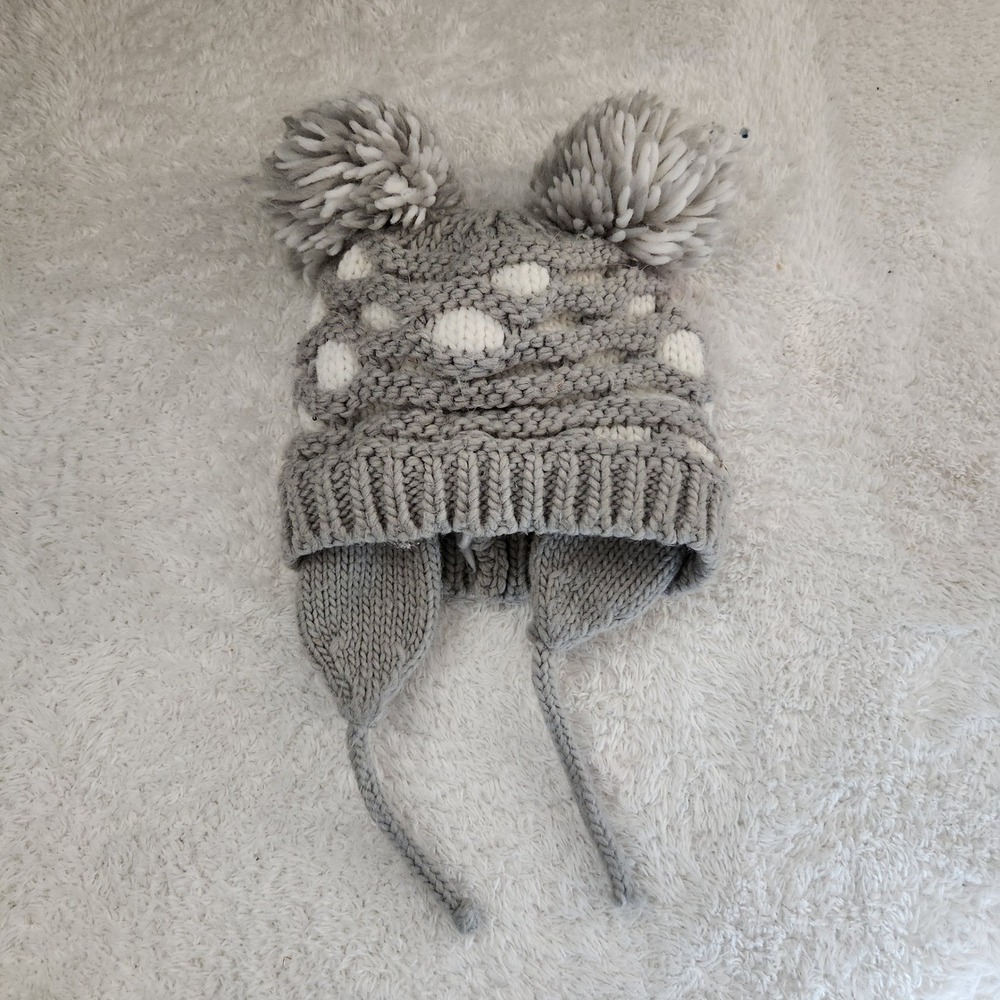 Wippette‎ Infant Gray White Polka Dot Knit Trapper Hat Pom Pom